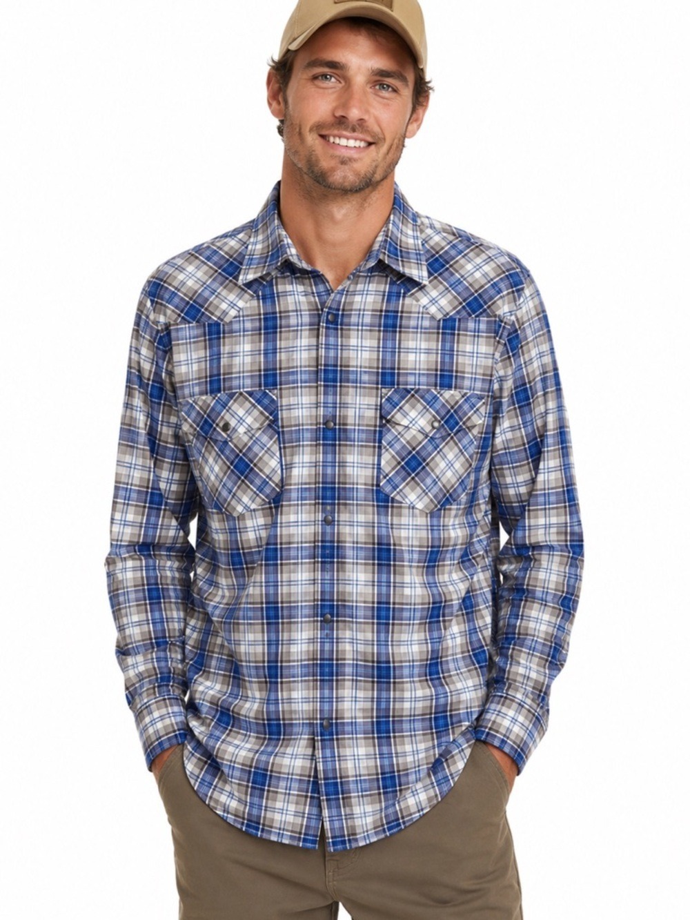 Banana Republic Slim Fit Blue Plaid Pearl Snap Western Casual Dress Shir…